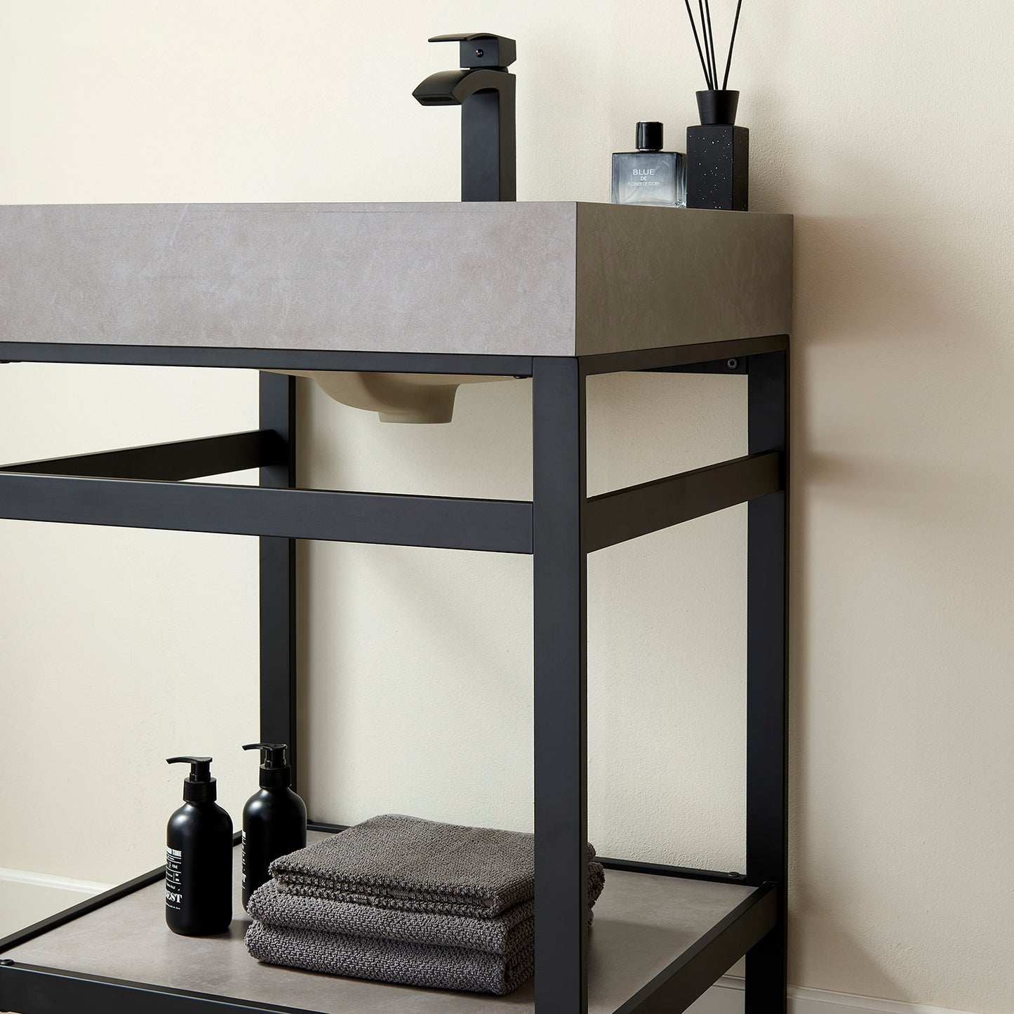 Funes 24" Single Sink Bath Vanity in Matt Black Metal Support with Grey Sintered Stone Top