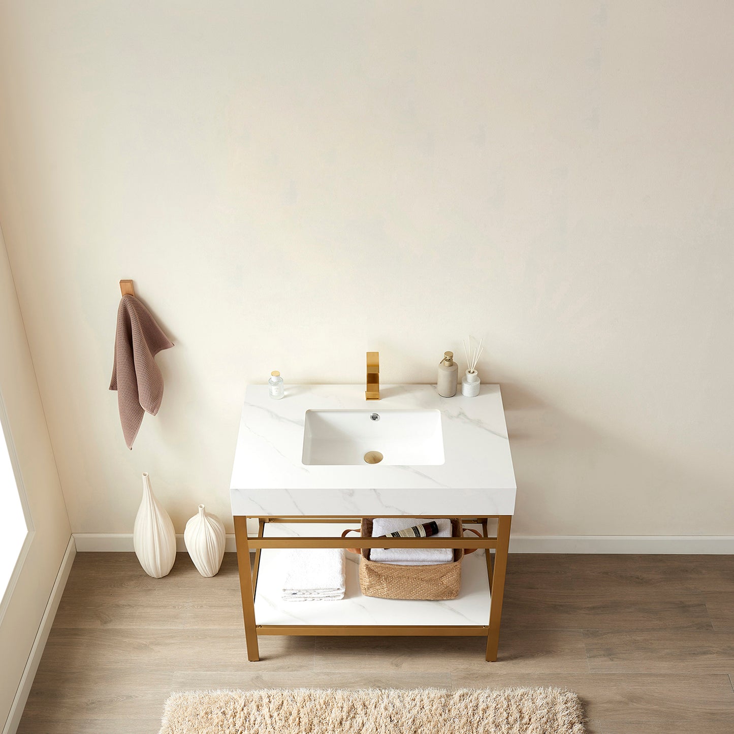 Funes 36" Single Sink Bath Vanity in Brushed Gold Metal Support with White Sintered Stone Top