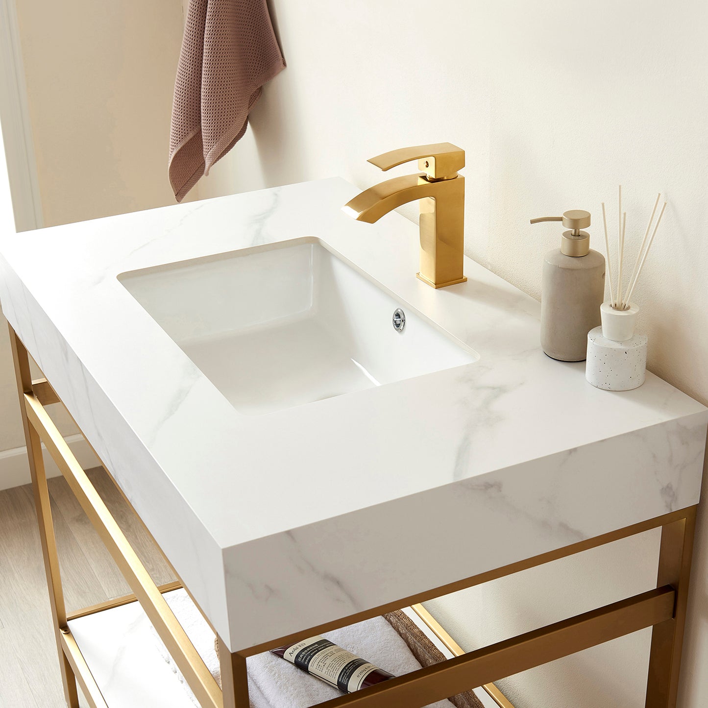 Funes 36" Single Sink Bath Vanity in Brushed Gold Metal Support with White Sintered Stone Top