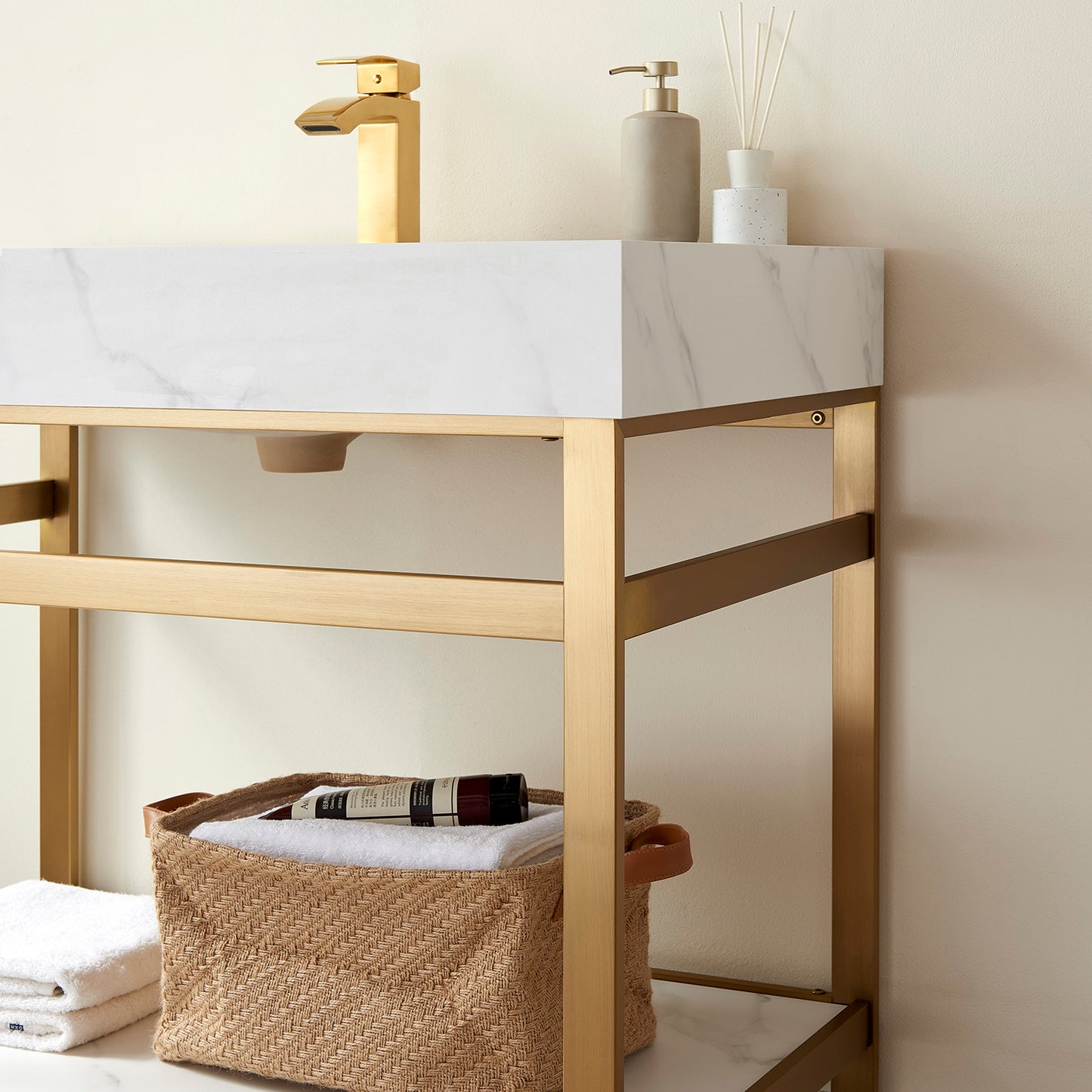 Funes 36" Single Sink Bath Vanity in Brushed Gold Metal Support with White Sintered Stone Top