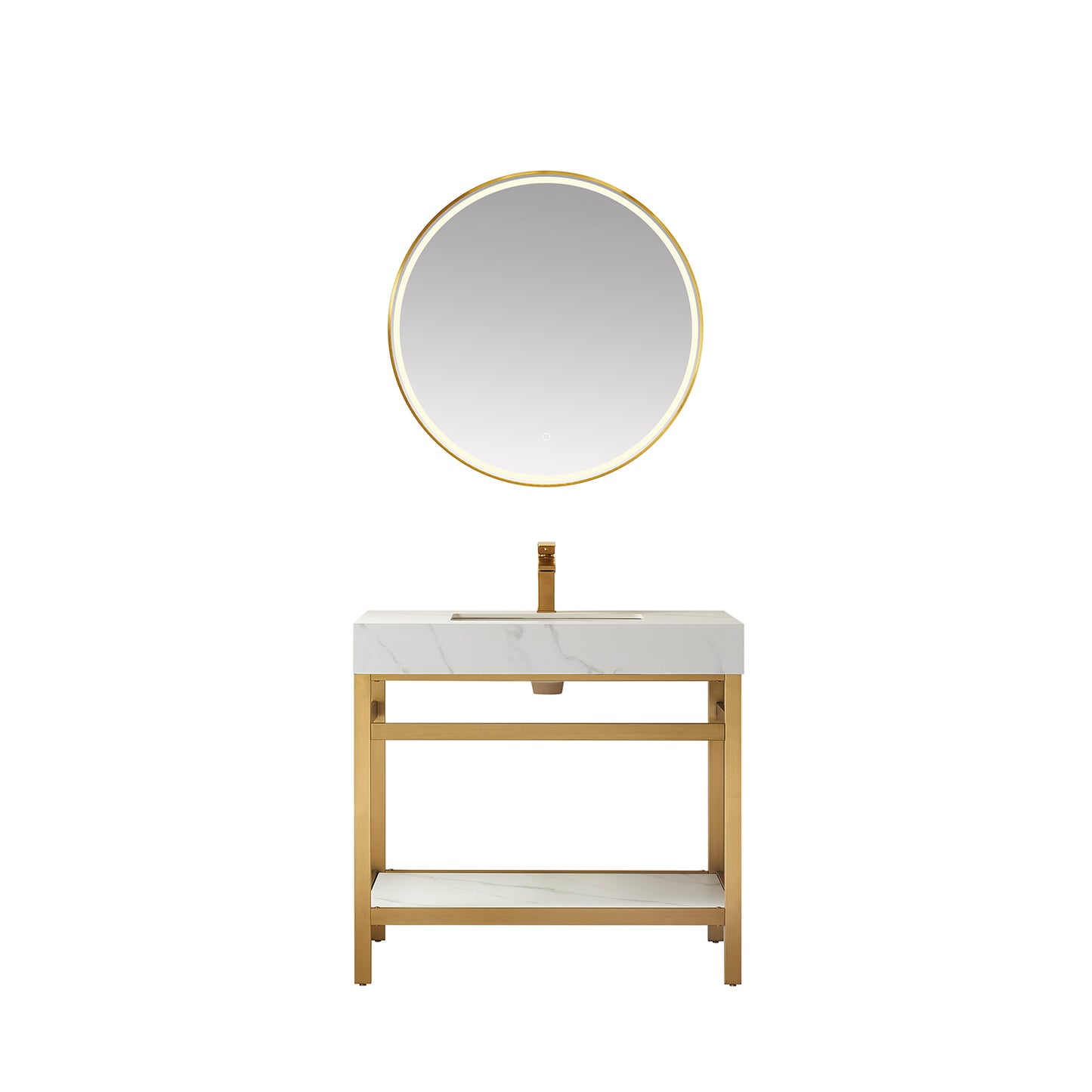 Funes 36" Single Sink Bath Vanity in Brushed Gold Metal Support with White Sintered Stone Top and Mirror