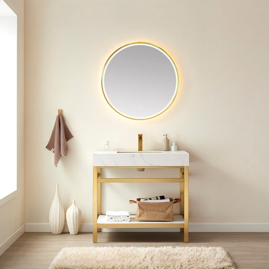 Funes 36" Single Sink Bath Vanity in Brushed Gold Metal Support with White Sintered Stone Top and Mirror