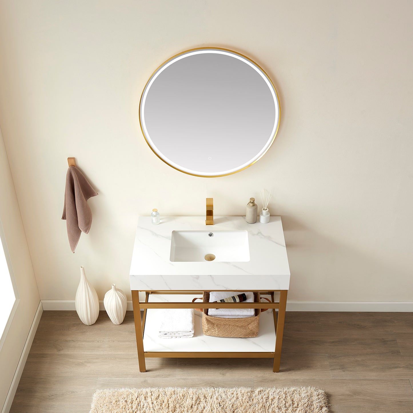 Funes 36" Single Sink Bath Vanity in Brushed Gold Metal Support with White Sintered Stone Top and Mirror