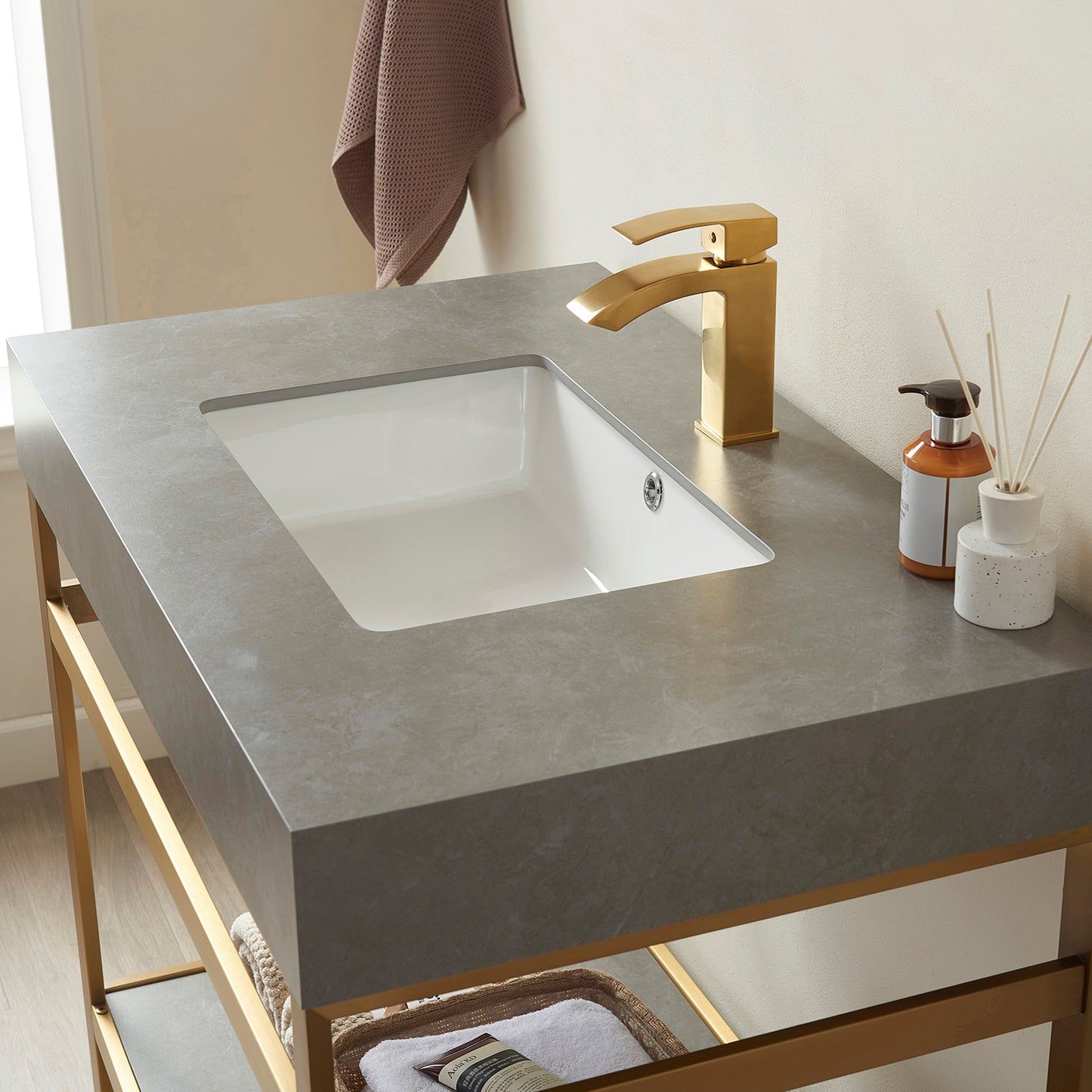 Funes 36" Single Sink Bath Vanity in Brushed Gold Metal Support with Grey Sintered Stone Top