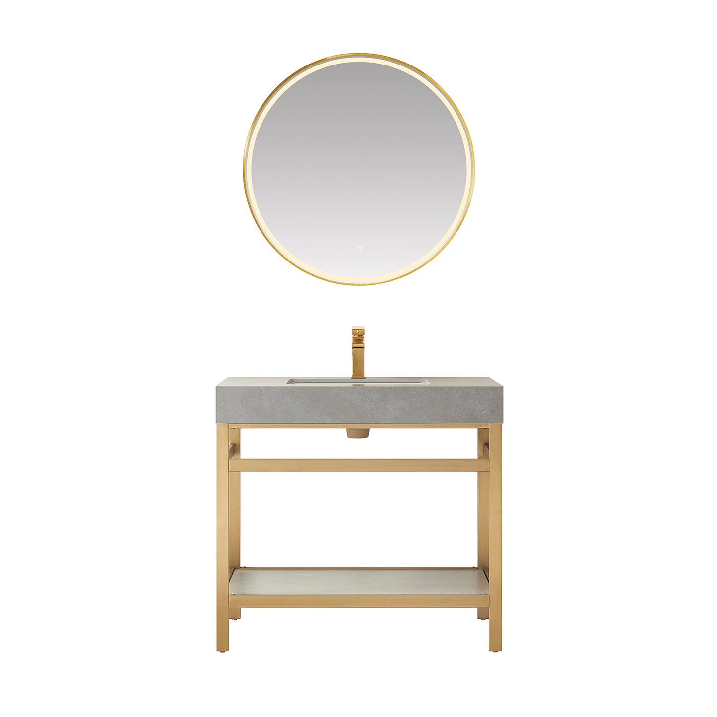 Funes 36" Single Sink Bath Vanity in Brushed Gold Metal Support with Grey Sintered Stone Top and Mirror