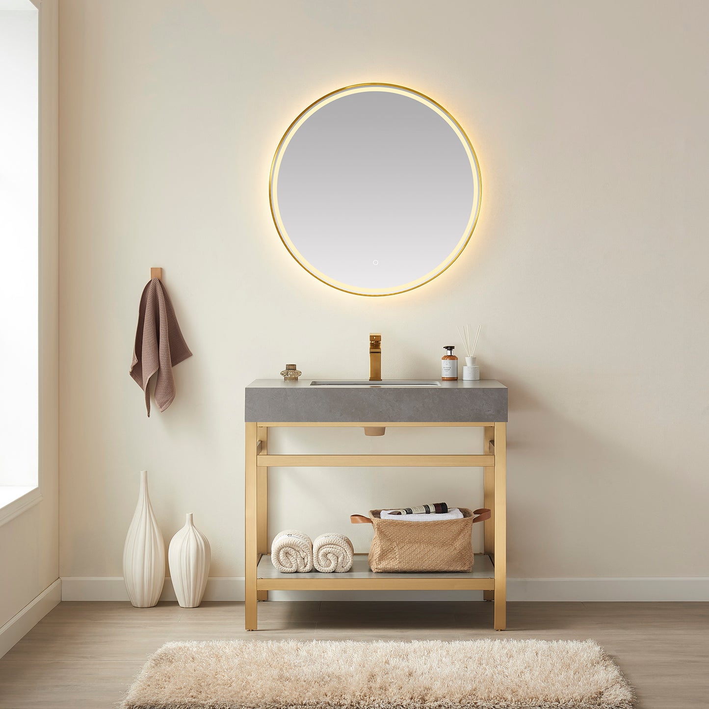 Funes 36" Single Sink Bath Vanity in Brushed Gold Metal Support with Grey Sintered Stone Top and Mirror