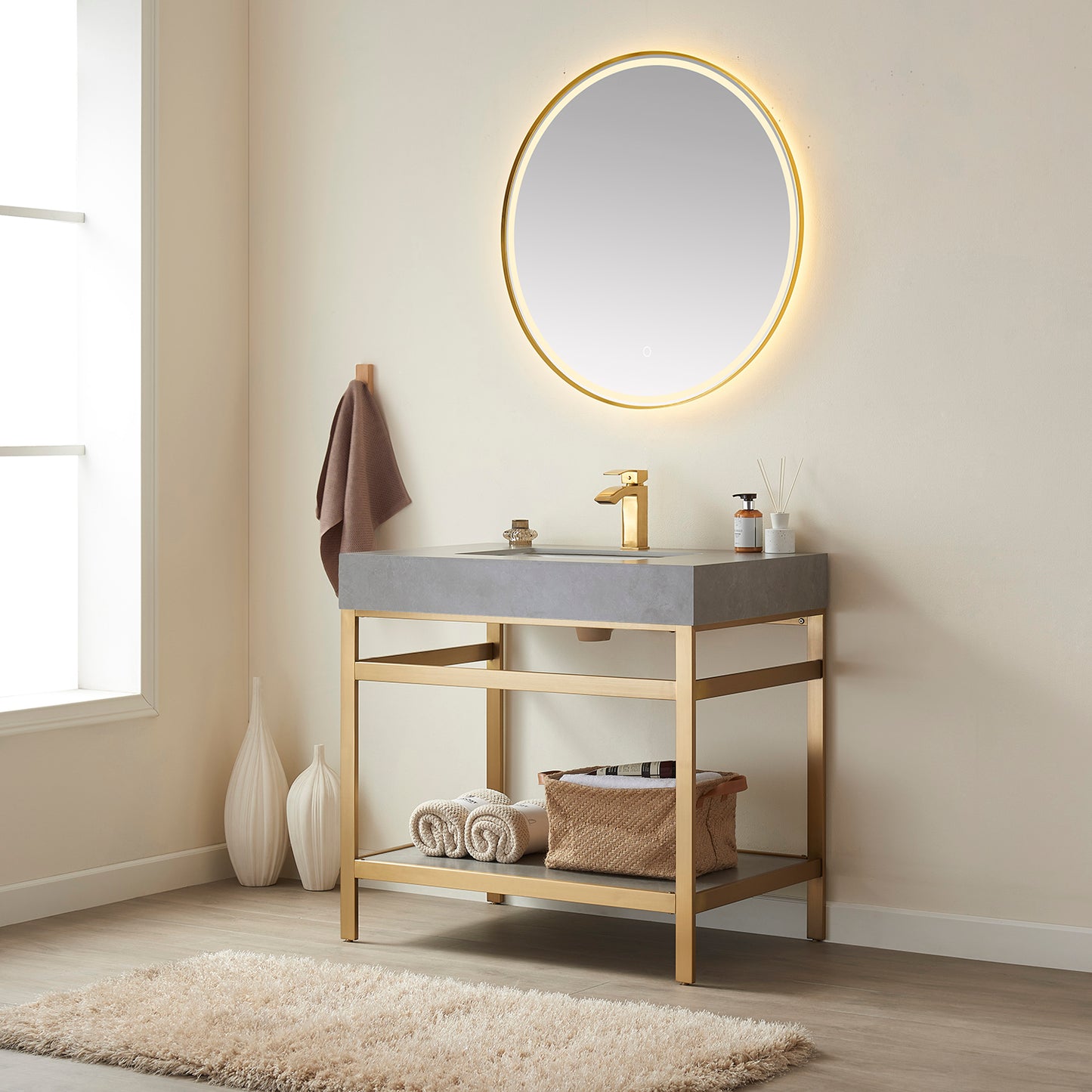 Funes 36" Single Sink Bath Vanity in Brushed Gold Metal Support with Grey Sintered Stone Top and Mirror