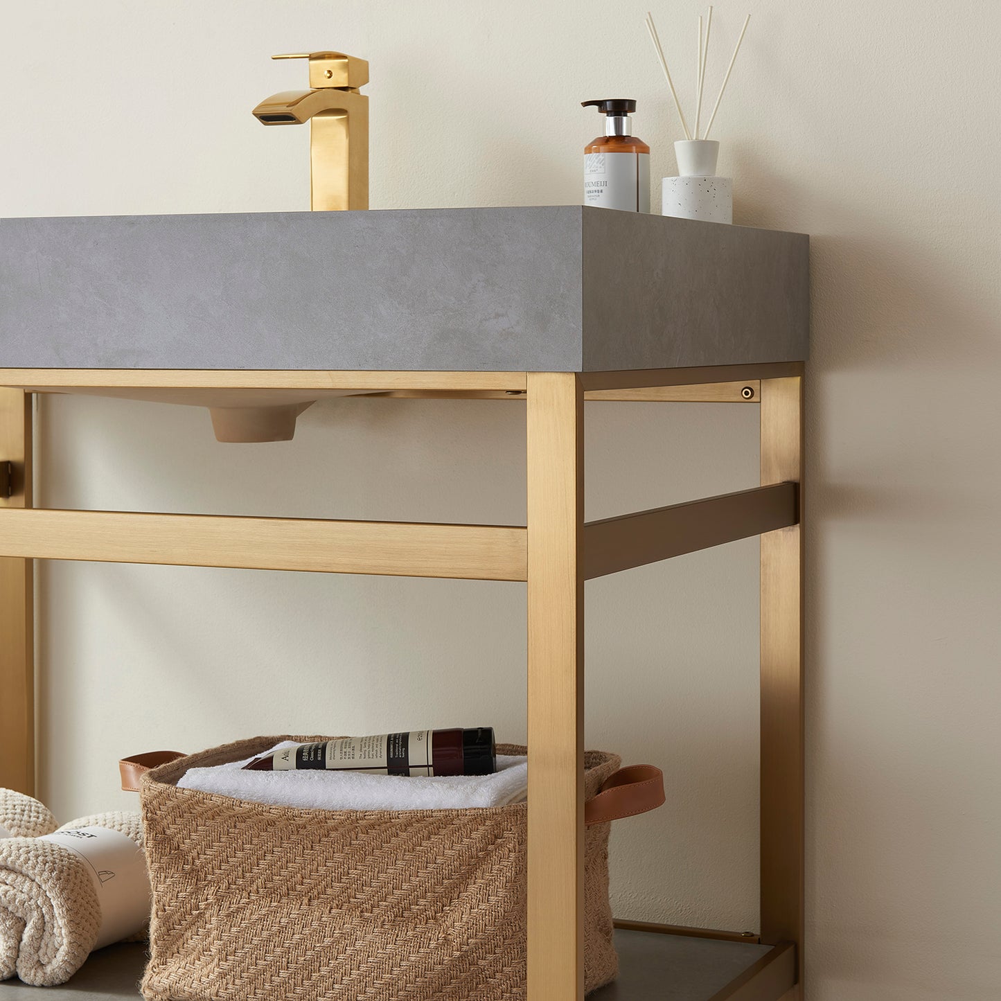 Funes 36" Single Sink Bath Vanity in Brushed Gold Metal Support with Grey Sintered Stone Top and Mirror