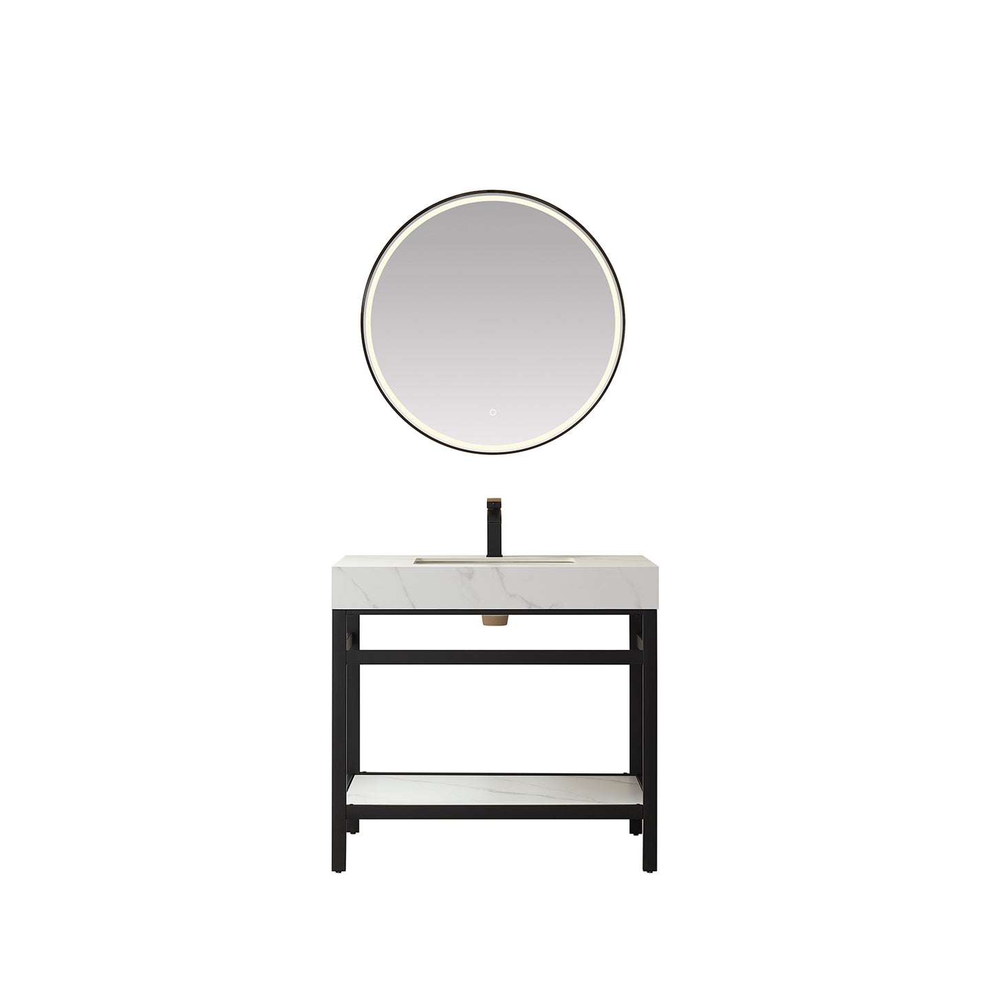 Funes 36" Single Sink Bath Vanity in Matt Black Metal Support with White Sintered Stone Top and Mirror