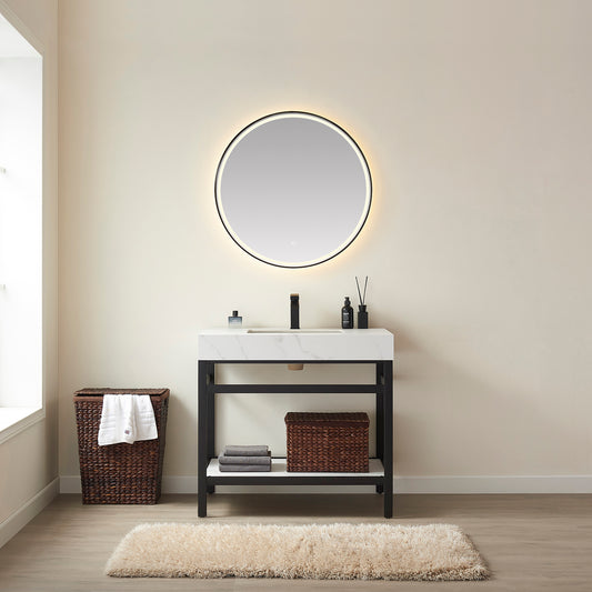 Funes 36" Single Sink Bath Vanity in Matt Black Metal Support with White Sintered Stone Top and Mirror