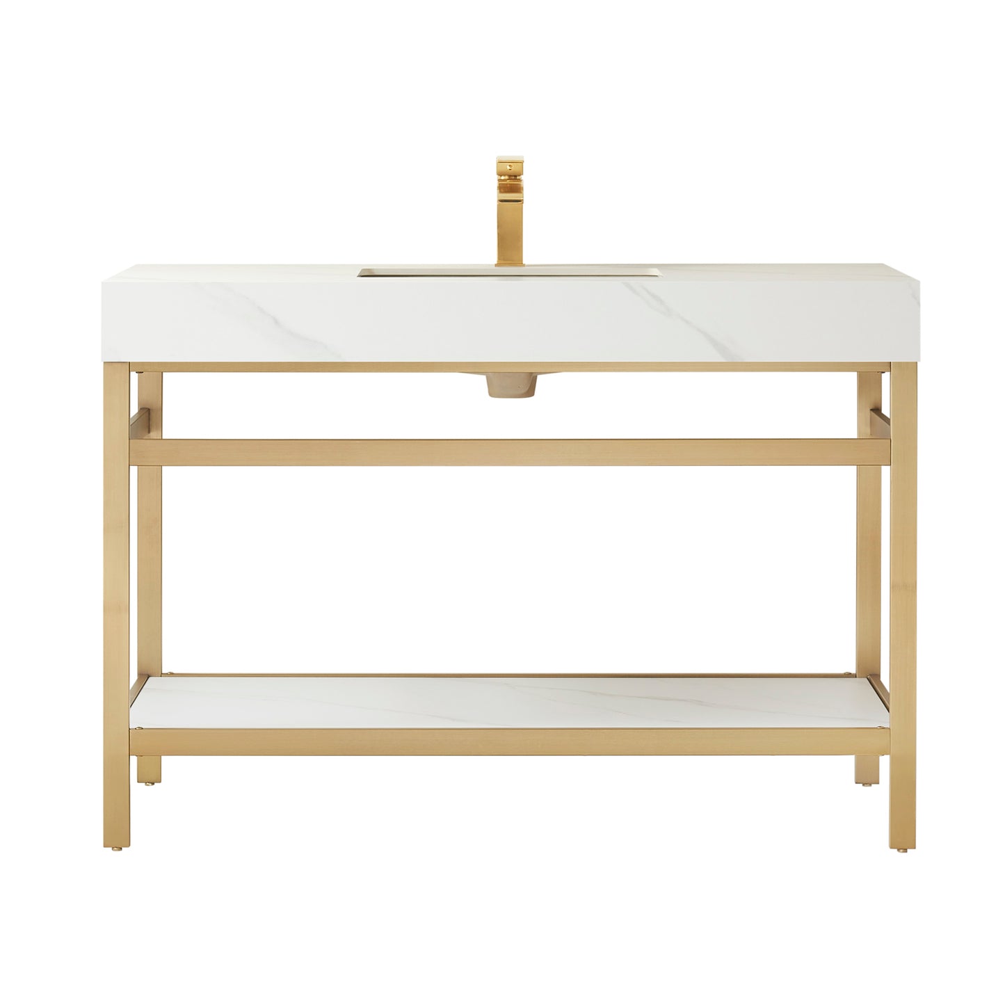 Funes 48" Single Sink Bath Vanity in Brushed Gold Metal Support with White Sintered Stone Top