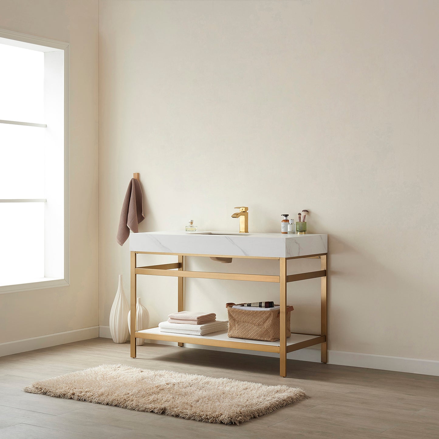 Funes 48" Single Sink Bath Vanity in Brushed Gold Metal Support with White Sintered Stone Top