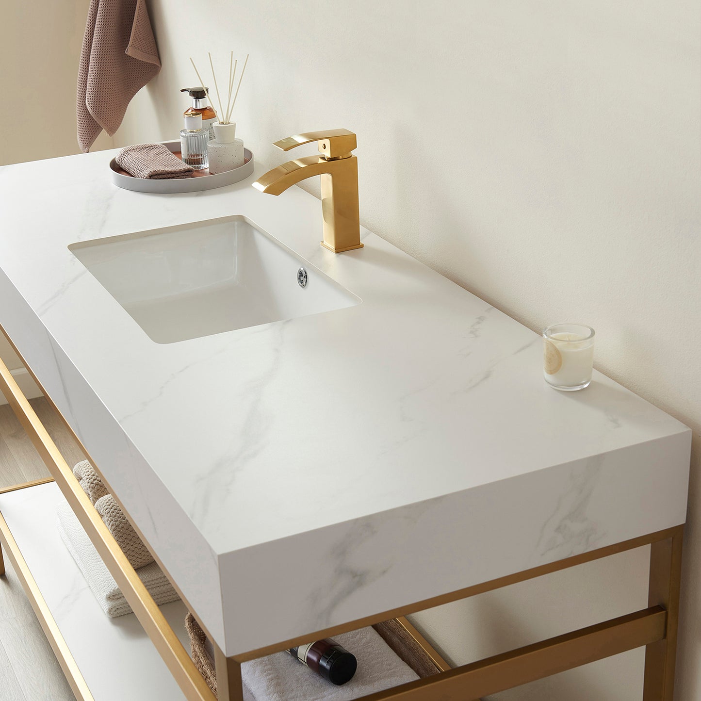 Funes 48" Single Sink Bath Vanity in Brushed Gold Metal Support with White Sintered Stone Top