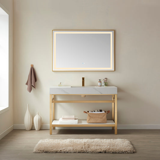 Funes 48" Single Sink Bath Vanity in Brushed Gold Metal Support with White Sintered Stone Top and Mirror