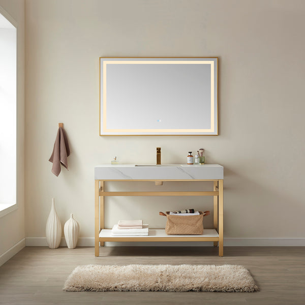 Funes 48 Single Sink Bath Vanity in Brushed Gold Metal Support with White Sintered Stone Top and Mirror