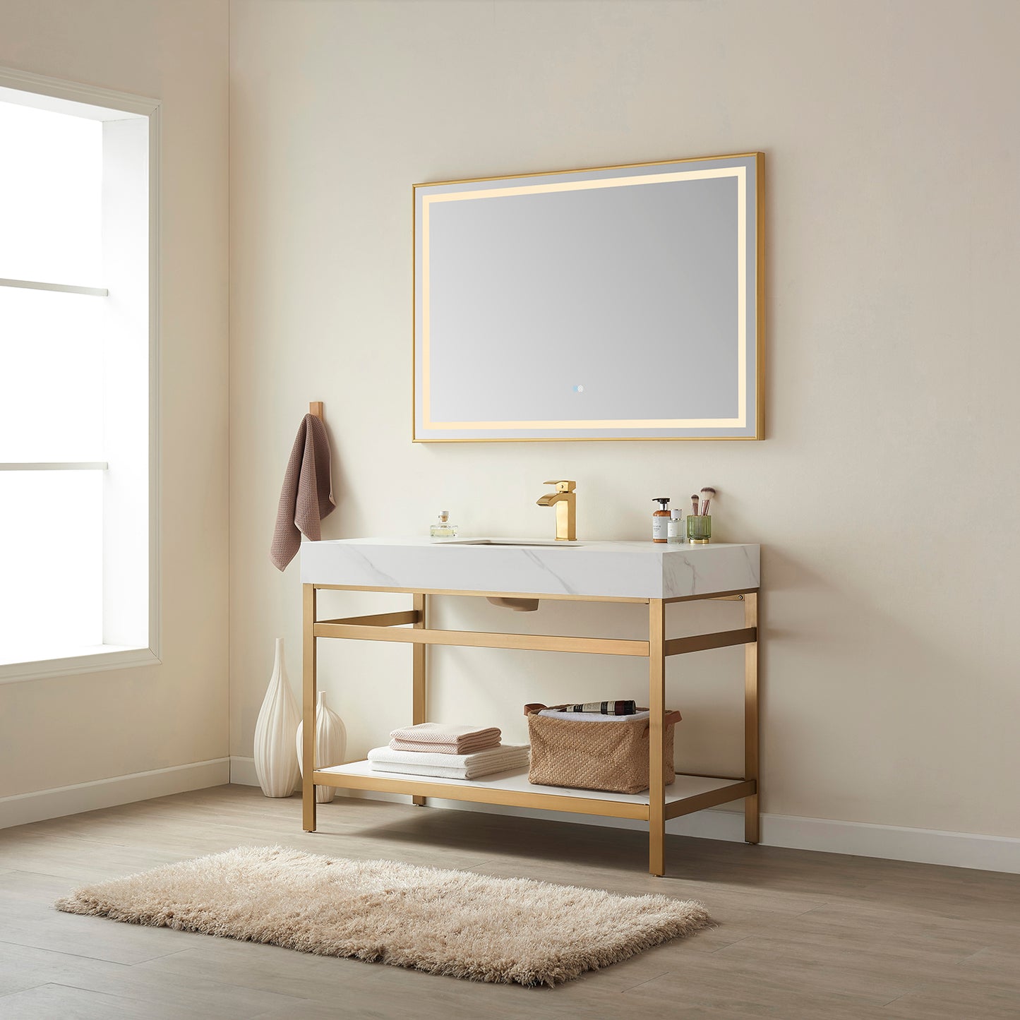 Funes 48" Single Sink Bath Vanity in Brushed Gold Metal Support with White Sintered Stone Top and Mirror