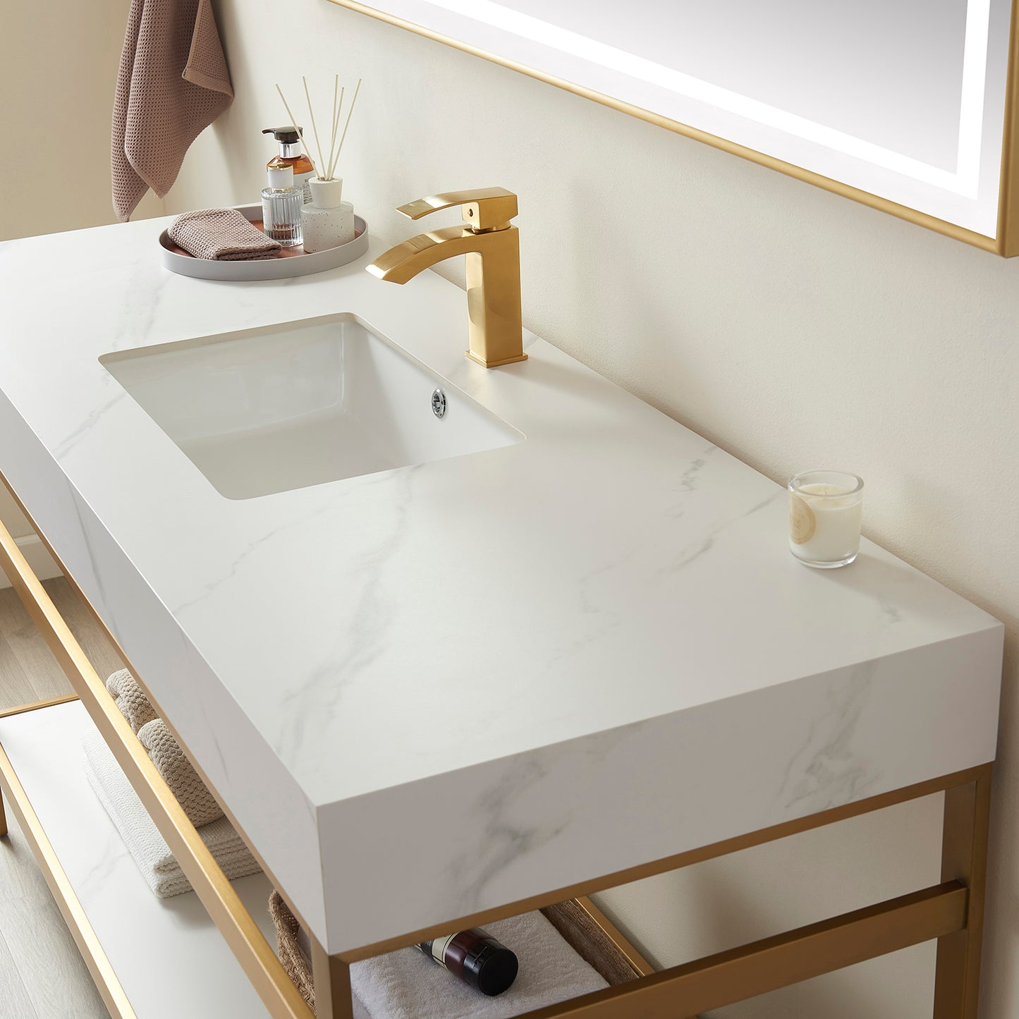 Funes 48" Single Sink Bath Vanity in Brushed Gold Metal Support with White Sintered Stone Top and Mirror