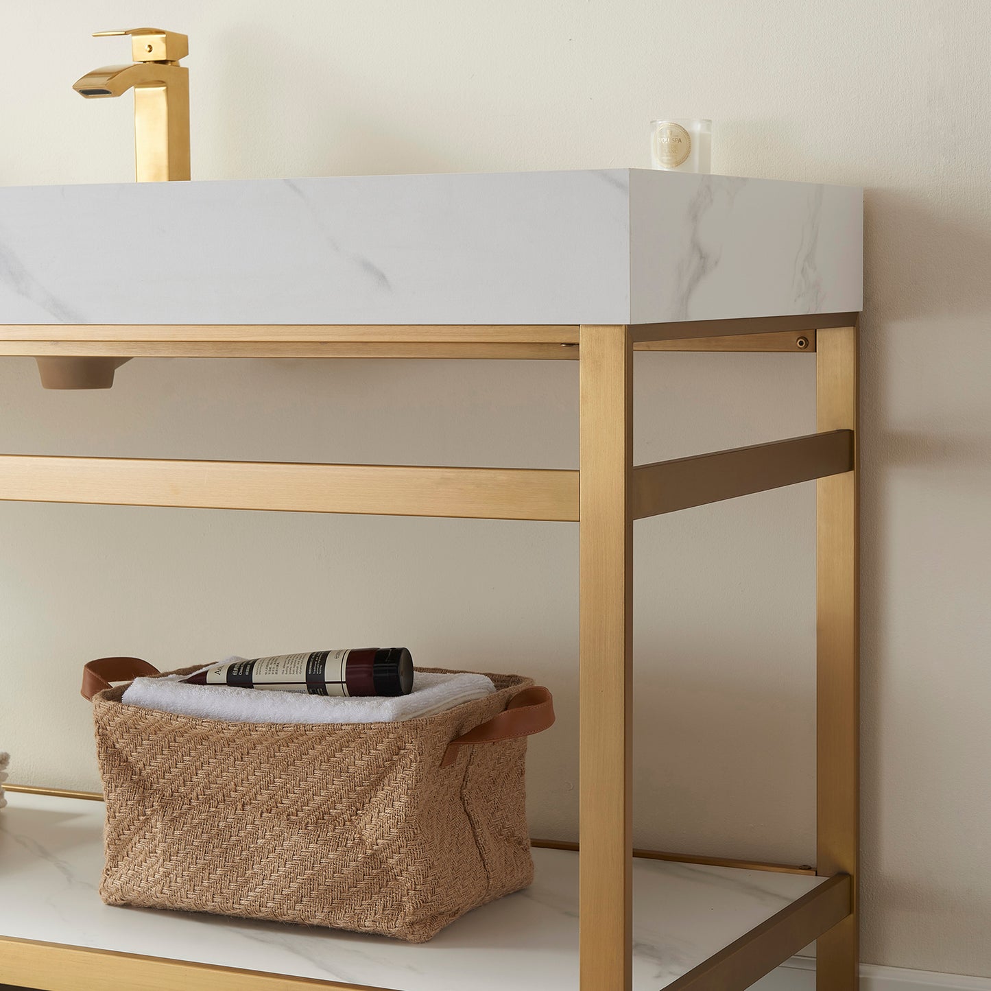 Funes 48" Single Sink Bath Vanity in Brushed Gold Metal Support with White Sintered Stone Top and Mirror