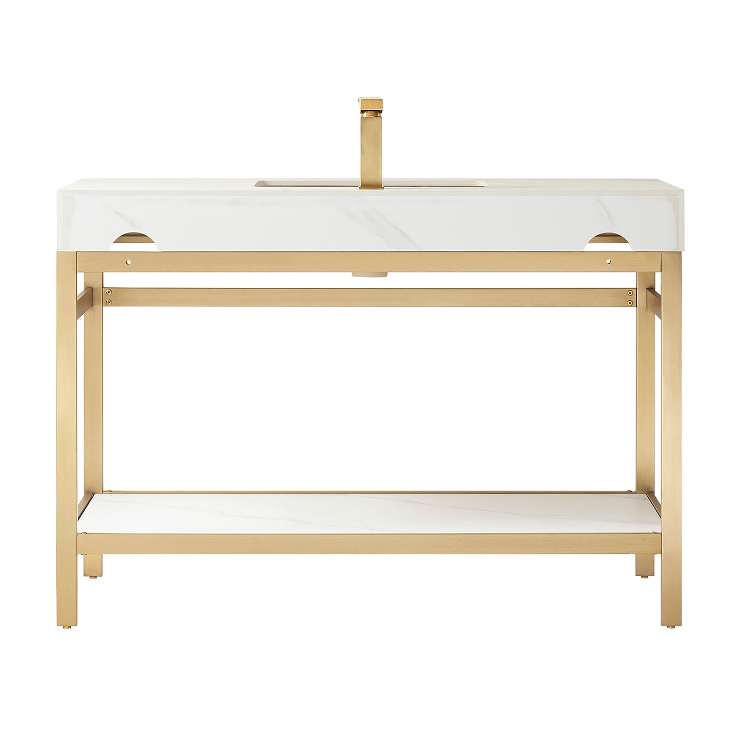 Funes 48" Single Sink Bath Vanity in Brushed Gold Metal Support with White Sintered Stone Top and Mirror