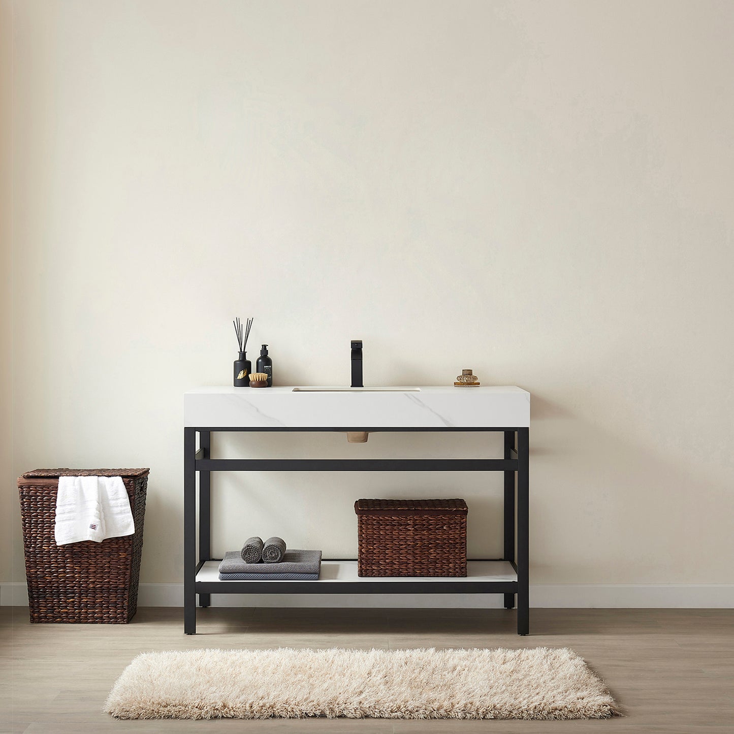 Funes 48" Single Sink Bath Vanity in Matt Black Metal Support with White Sintered Stone Top