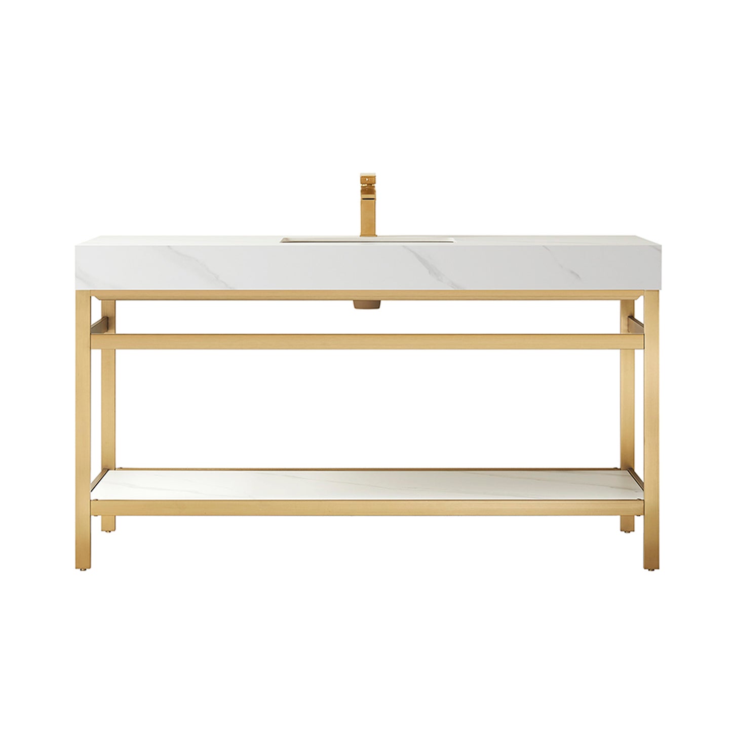 Funes 60" Single Sink Bath Vanity in Brushed Gold Metal Support with White Sintered Stone Top