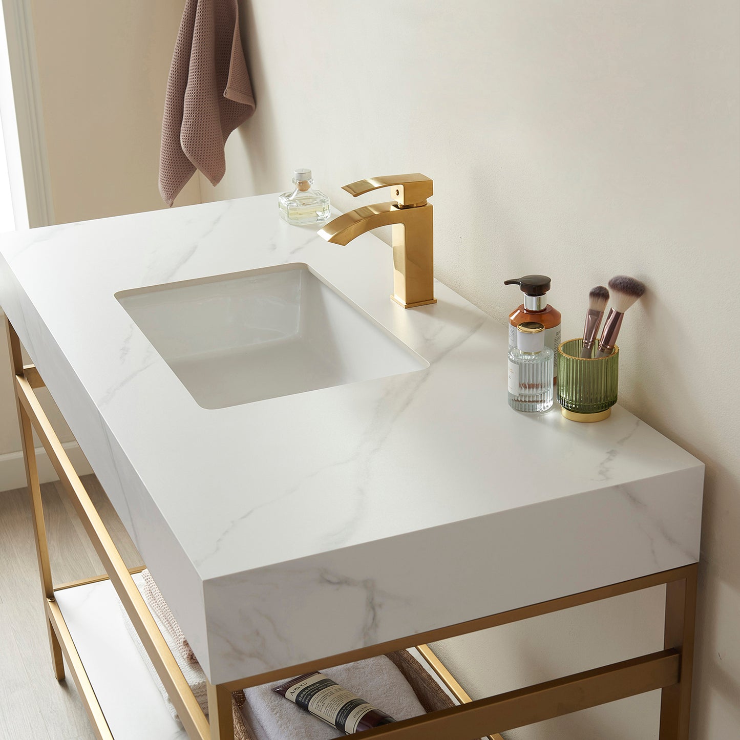 Funes 60" Single Sink Bath Vanity in Brushed Gold Metal Support with White Sintered Stone Top
