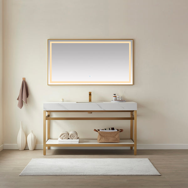 Funes 60 Single Sink Bath Vanity in Brushed Gold Metal Support with White Sintered Stone Top and Mirror