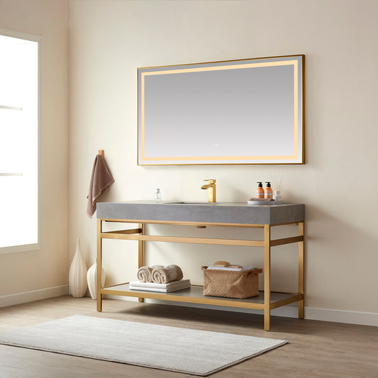 Funes 60" Single Sink Bath Vanity in Brushed Gold Metal Support with Grey Sintered Stone Top and Mirror