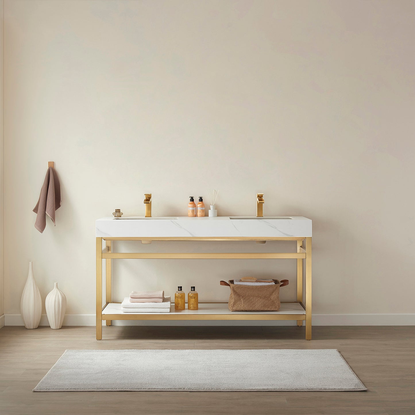 Funes 60M" Double Sink Bath Vanity in Brushed Gold Metal Support with White Sintered Stone Top