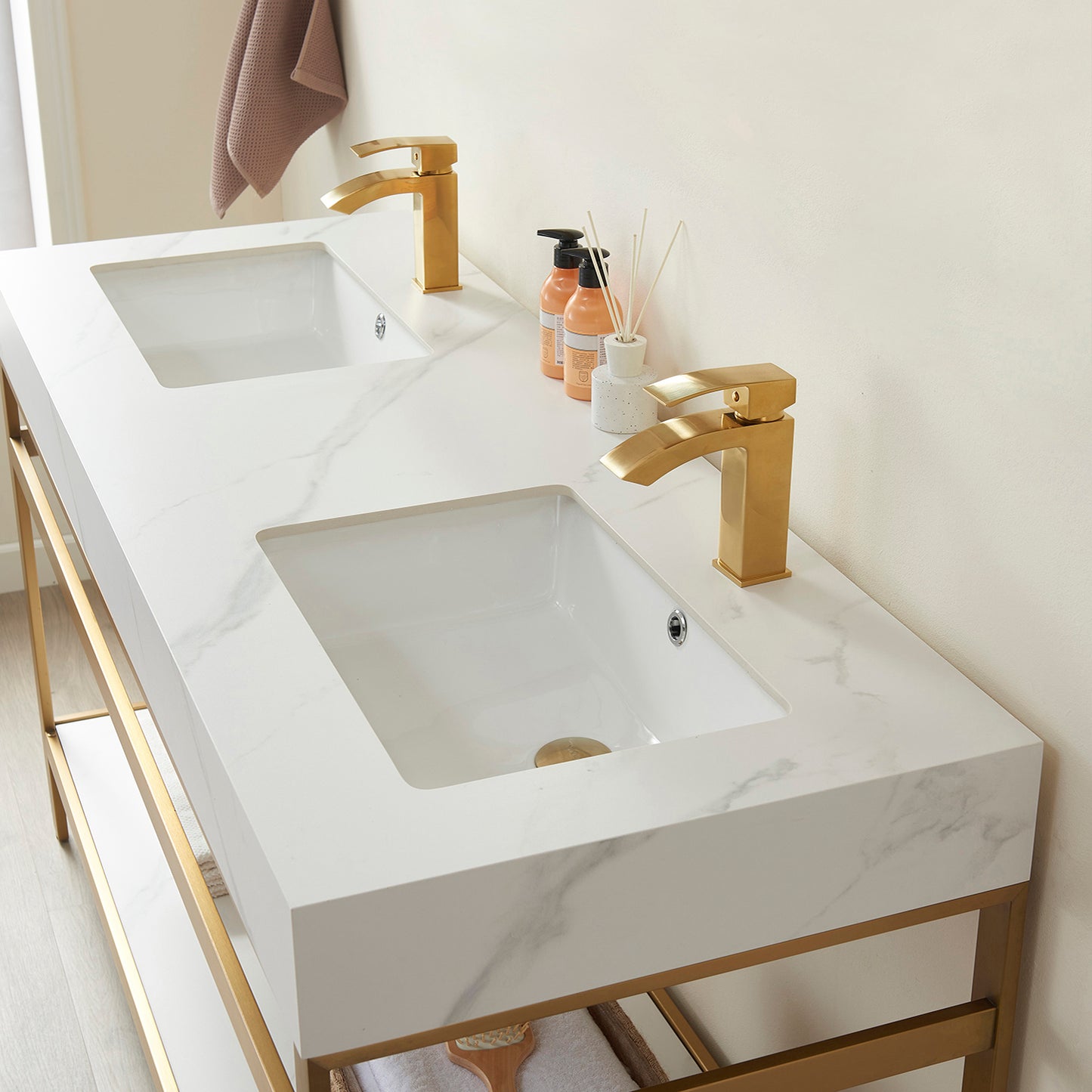 Funes 60M" Double Sink Bath Vanity in Brushed Gold Metal Support with White Sintered Stone Top