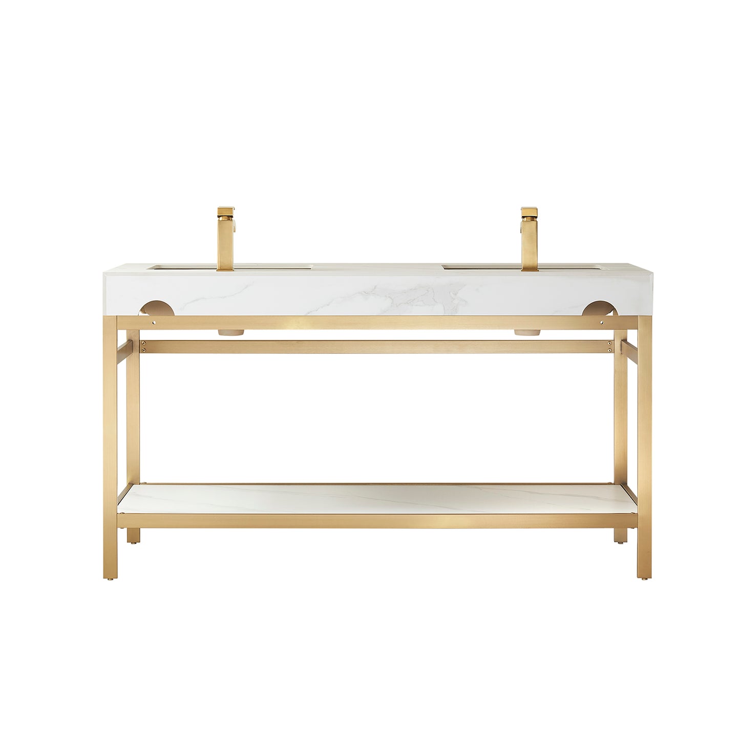 Funes 60M" Double Sink Bath Vanity in Brushed Gold Metal Support with White Sintered Stone Top