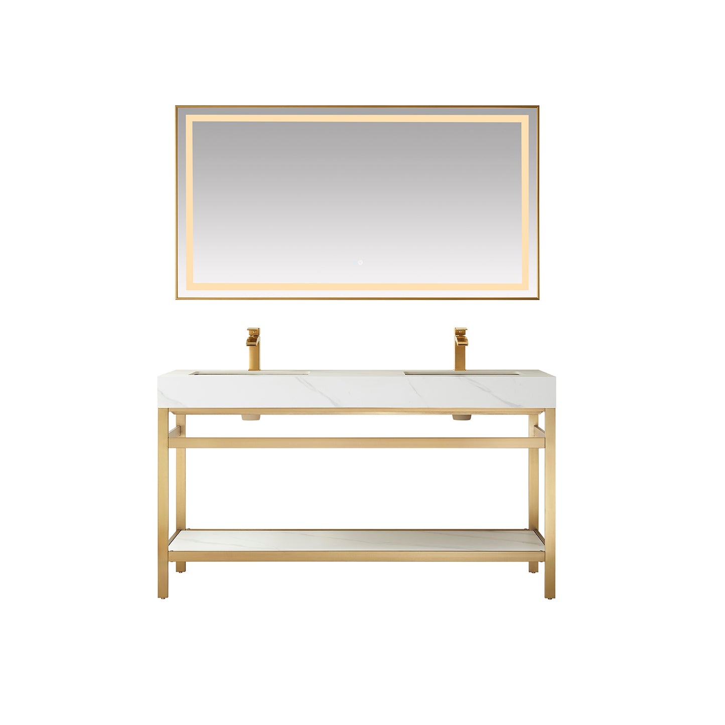 Funes 60M" Double Sink Bath Vanity in Brushed Gold Metal Support with White Sintered Stone Top and Mirror