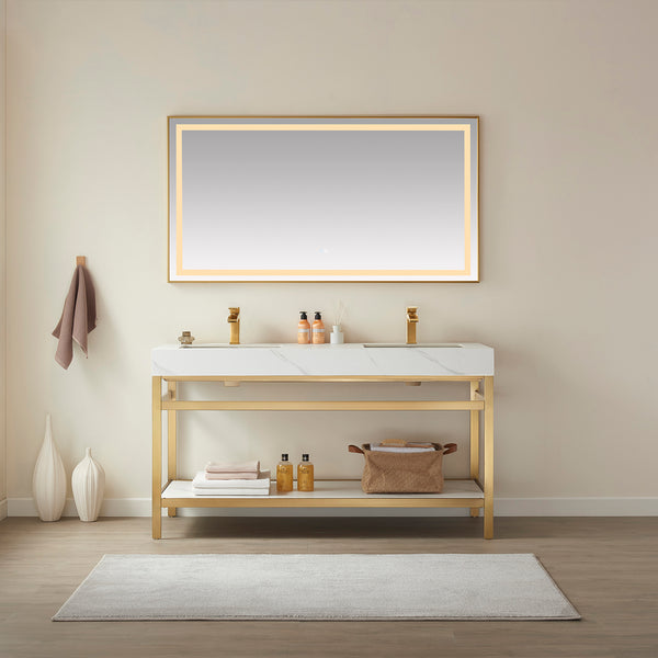 Funes 60M Double Sink Bath Vanity in Brushed Gold Metal Support with White Sintered Stone Top and Mirror