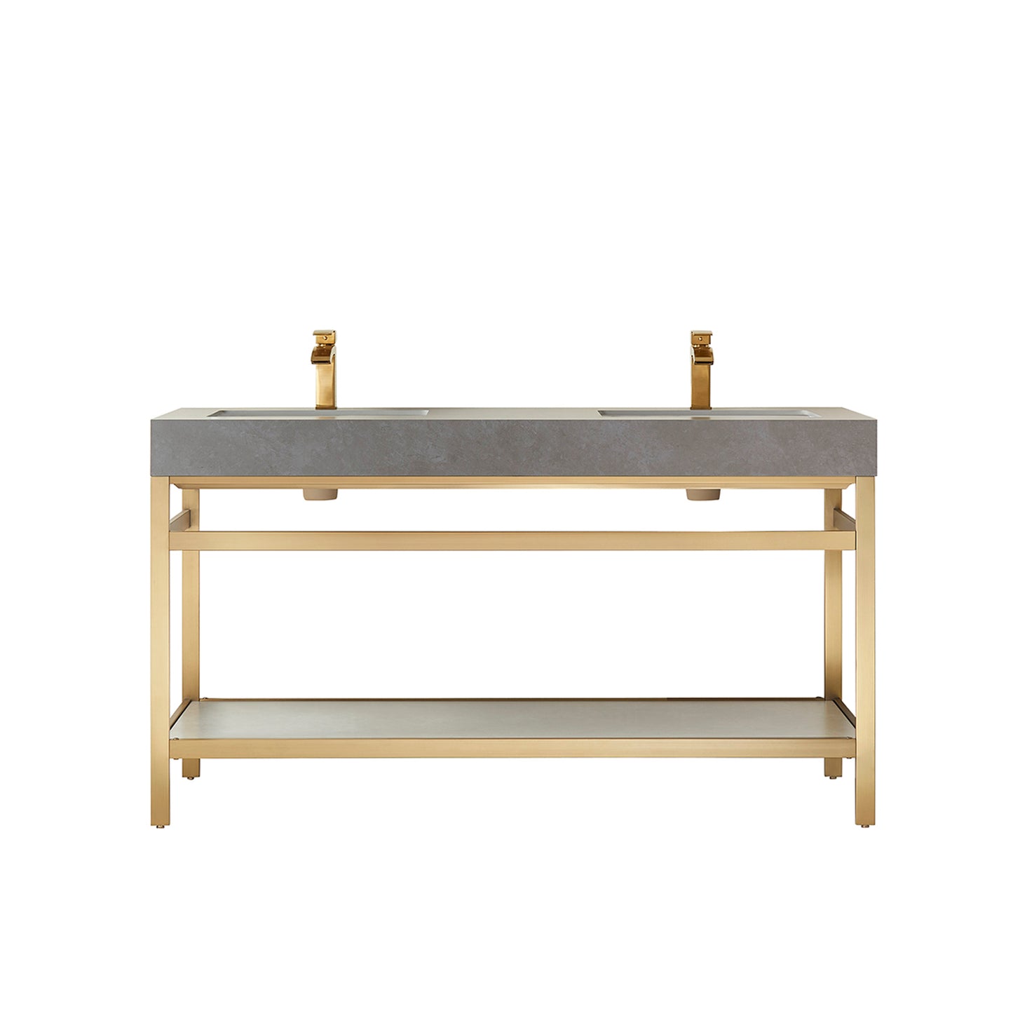 Funes 60M" Double Sink Bath Vanity in Brushed Gold Metal Support with Grey Sintered Stone Top