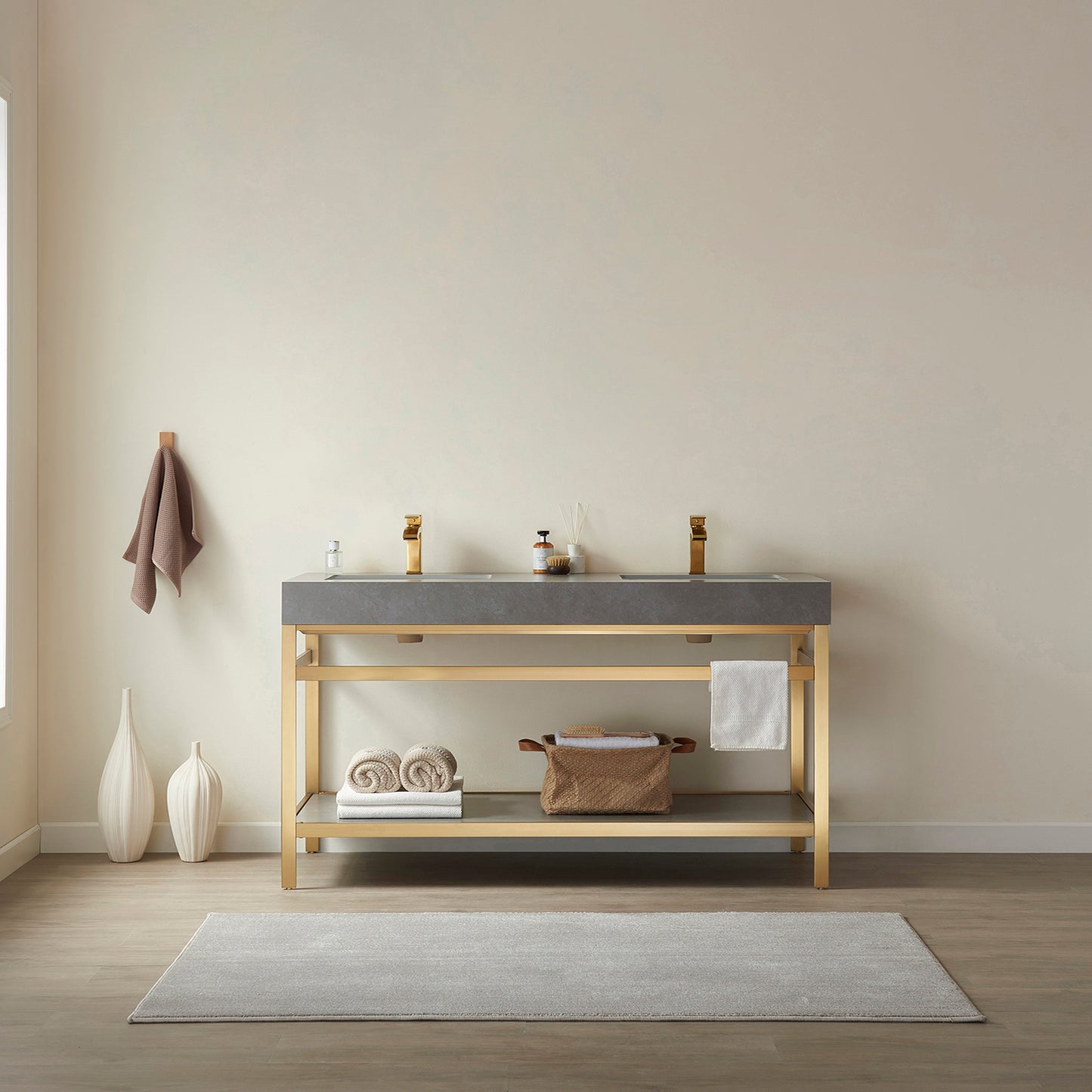 Funes 60M" Double Sink Bath Vanity in Brushed Gold Metal Support with Grey Sintered Stone Top