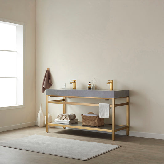 Funes 60M" Double Sink Bath Vanity in Brushed Gold Metal Support with Grey Sintered Stone Top