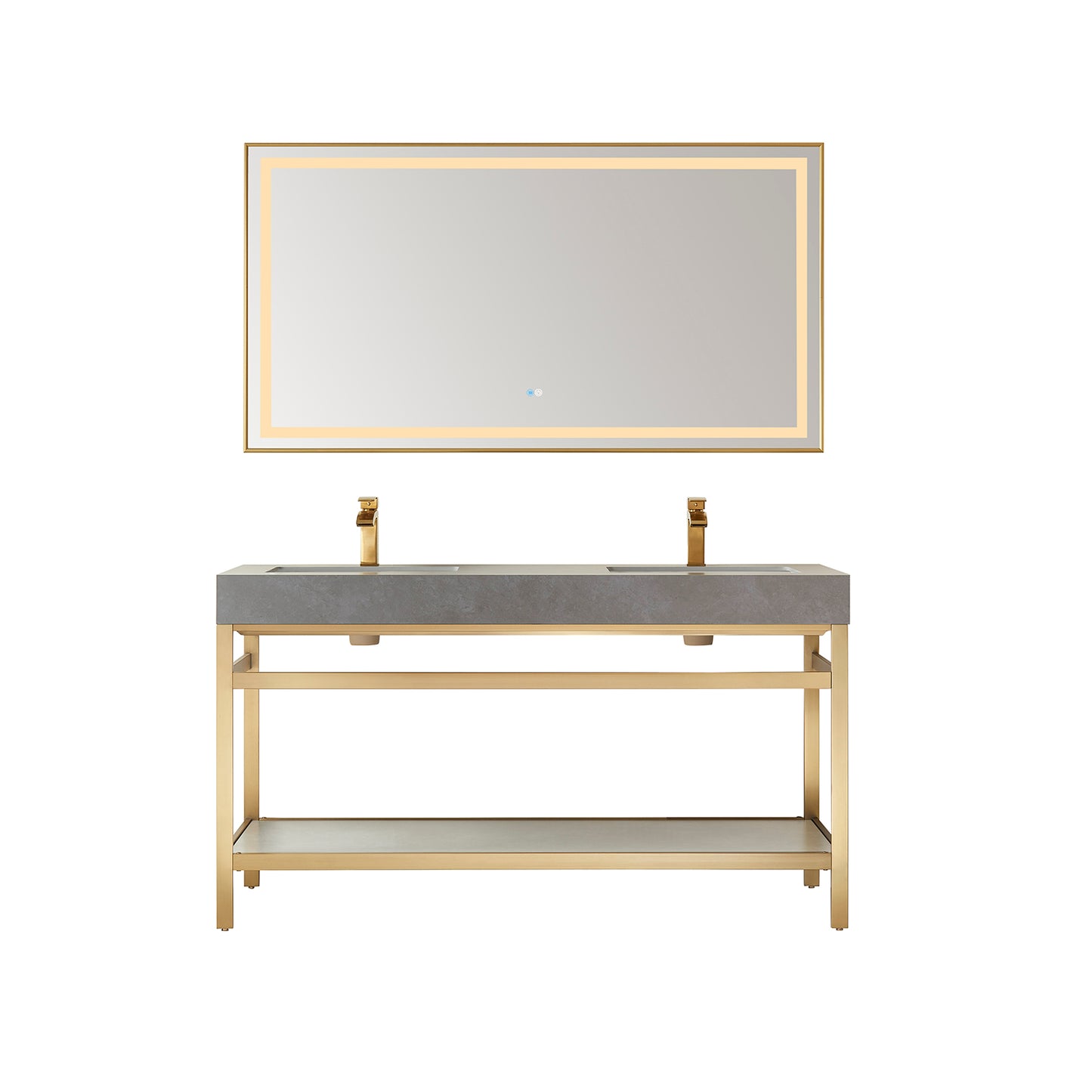 Funes 60M" Double Sink Bath Vanity in Brushed Gold Metal Support with Grey Sintered Stone Top and Mirror