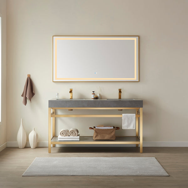 Funes 60M Double Sink Bath Vanity in Brushed Gold Metal Support with Grey Sintered Stone Top and Mirror