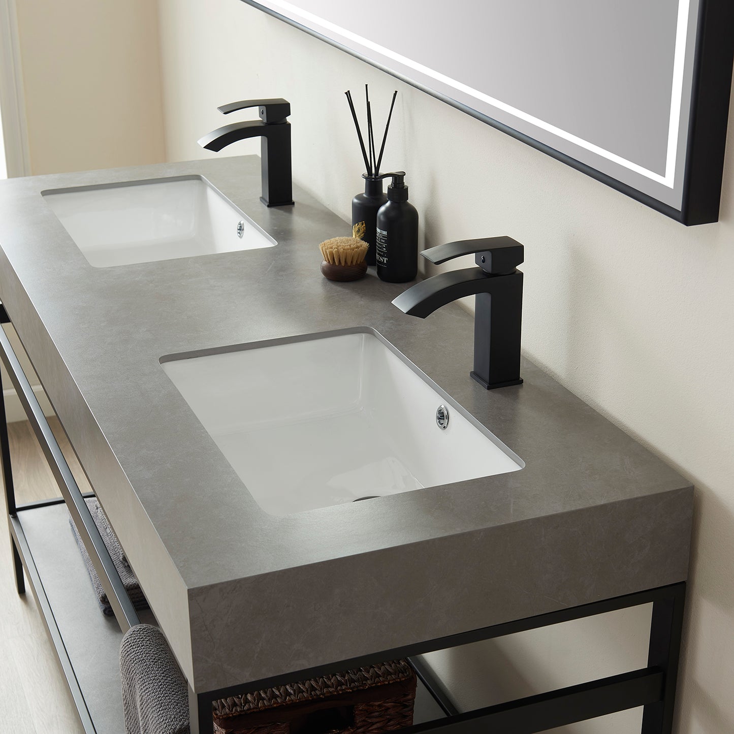 Funes 60M" Double Sink Bath Vanity in Matt Black Metal Support with Grey Sintered Stone Top and Mirror