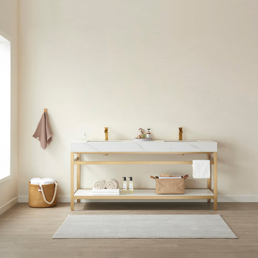 Funes 72" Double Sink Bath Vanity in Brushed Gold Metal Support with White Sintered Stone Top