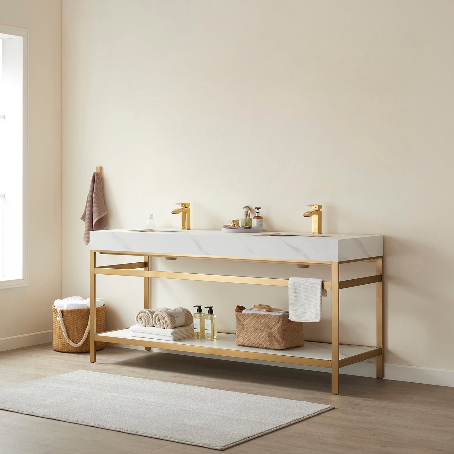 Funes 72" Double Sink Bath Vanity in Brushed Gold Metal Support with White Sintered Stone Top