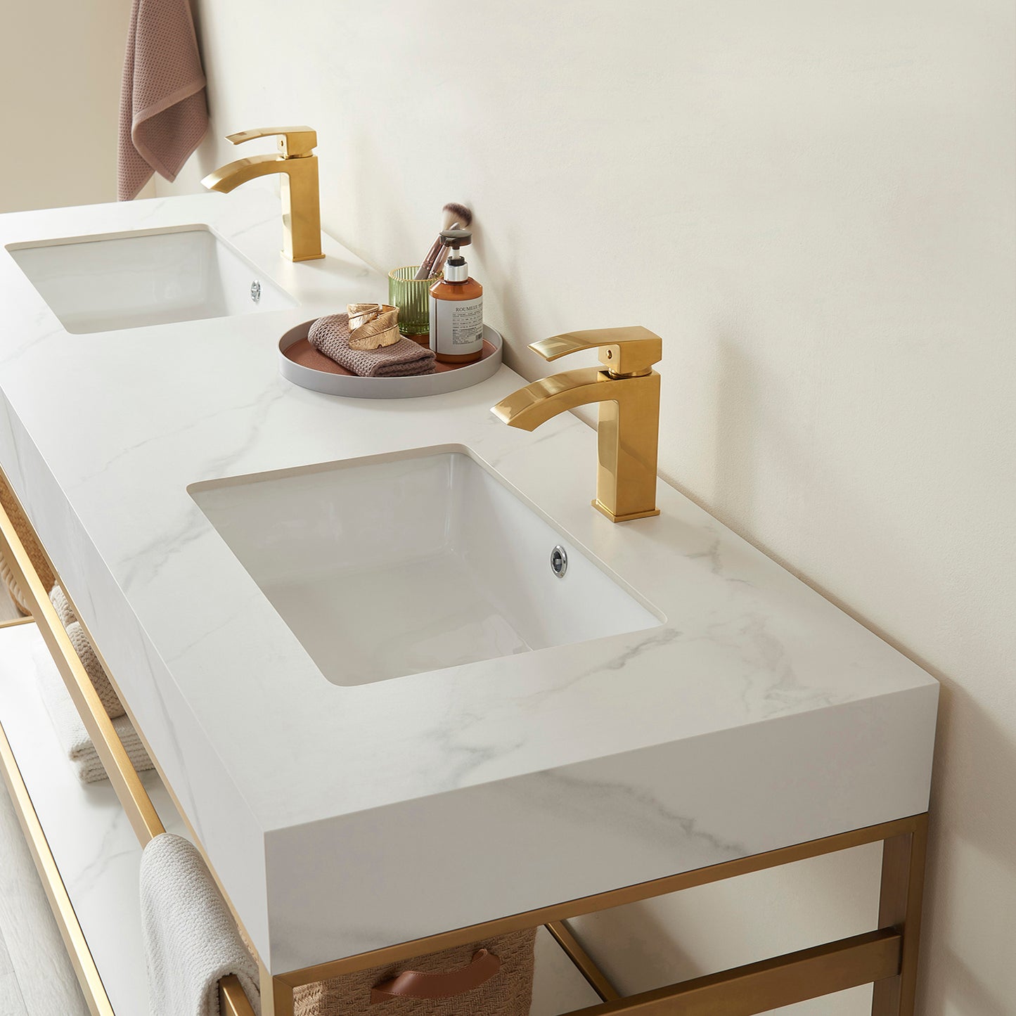 Funes 72" Double Sink Bath Vanity in Brushed Gold Metal Support with White Sintered Stone Top