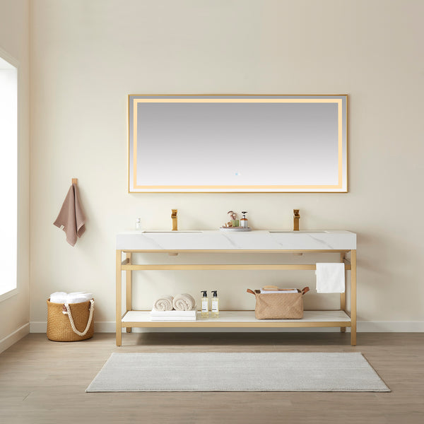 Funes 72 Double Sink Bath Vanity in Brushed Gold Metal Support with White Sintered Stone Top and Mirror