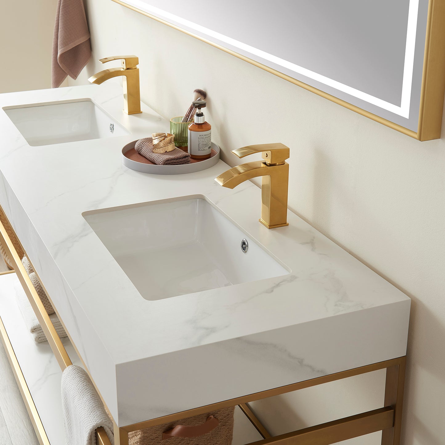Funes 72" Double Sink Bath Vanity in Brushed Gold Metal Support with White Sintered Stone Top and Mirror