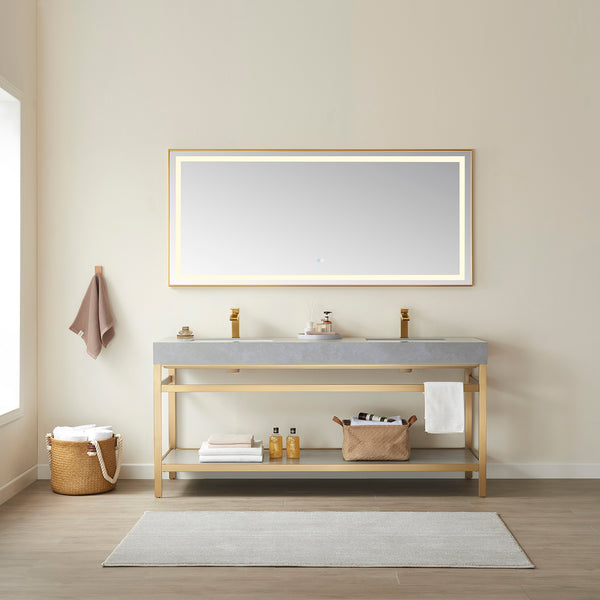 Funes 72 Double Sink Bath Vanity in Brushed Gold Metal Support with Grey Sintered Stone Top and Mirror