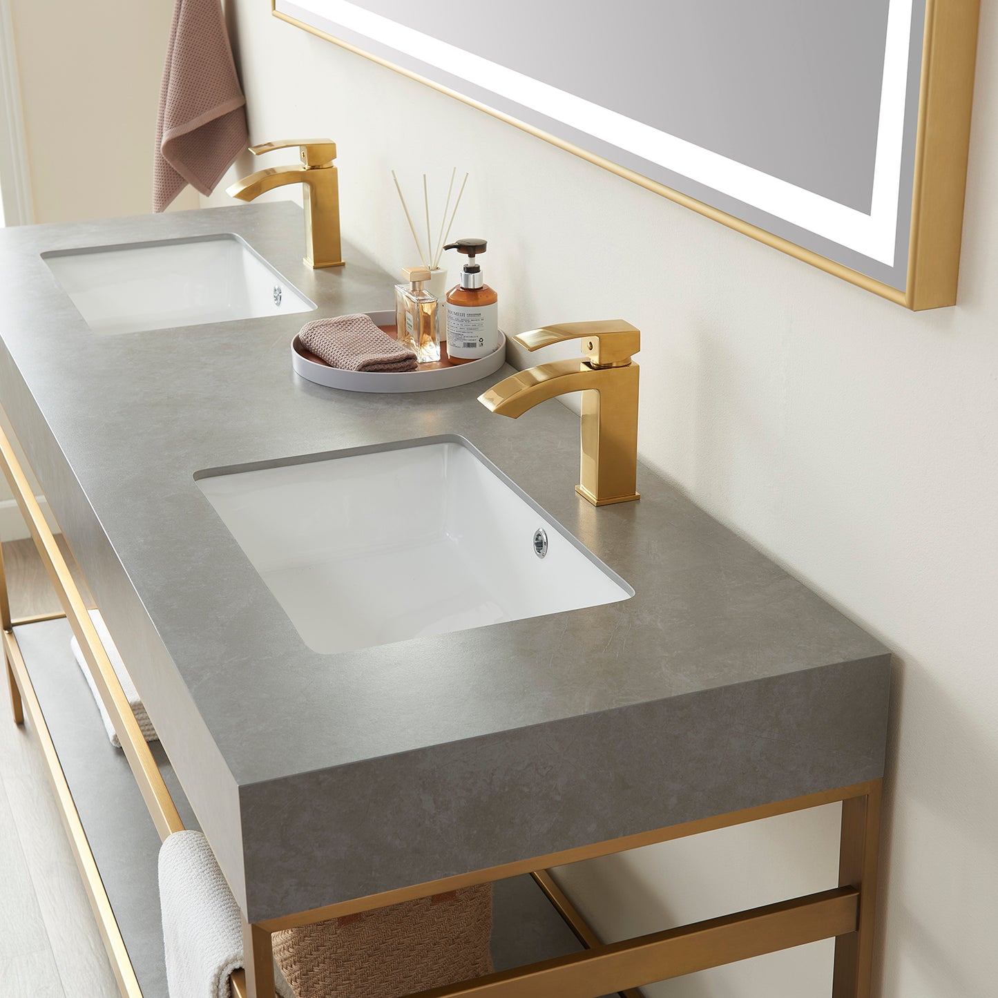 Funes 72" Double Sink Bath Vanity in Brushed Gold Metal Support with Grey Sintered Stone Top and Mirror