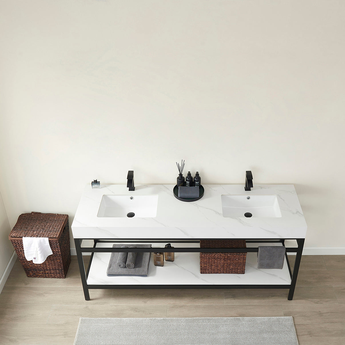 Funes 72" Double Sink Bath Vanity in Matt Black Metal Support with White Sintered Stone Top