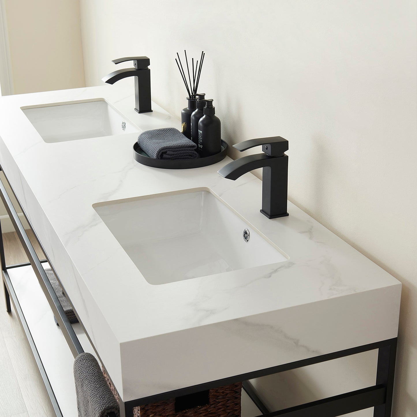 Funes 72" Double Sink Bath Vanity in Matt Black Metal Support with White Sintered Stone Top