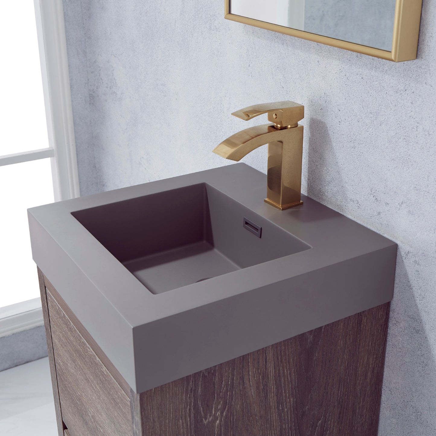 Huesca 18" Single Sink Bath Vanity in North Carolina Oak with Grey Composite Integral Square Sink Top and Mirror