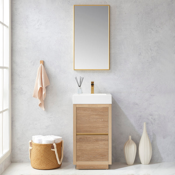 Huesca 18 Single Sink Bath Vanity in North American Oak with White Composite Integral Square Sink Top and Mirror